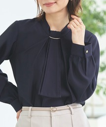 RUIRUE BOUTIQUE（ルイルエブティック）の「洗える ストレッチ ｜ 選べるデザイン フロントタック　ボウタイブラウス ｜ 長袖 トップス 体型カバー  オフィスカジュアル 通勤服 華やか ボウタイ メタル パール ボリュームスリーブ ブラウス（シャツ/ブラウス）」