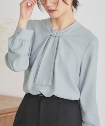 RUIRUE BOUTIQUE（ルイルエブティック）の「洗える ストレッチ ｜ 選べるデザイン フロントタック　ボウタイブラウス ｜ 長袖 トップス 体型カバー  オフィスカジュアル 通勤服 華やか ボウタイ メタル パール ボリュームスリーブ ブラウス（シャツ/ブラウス）」