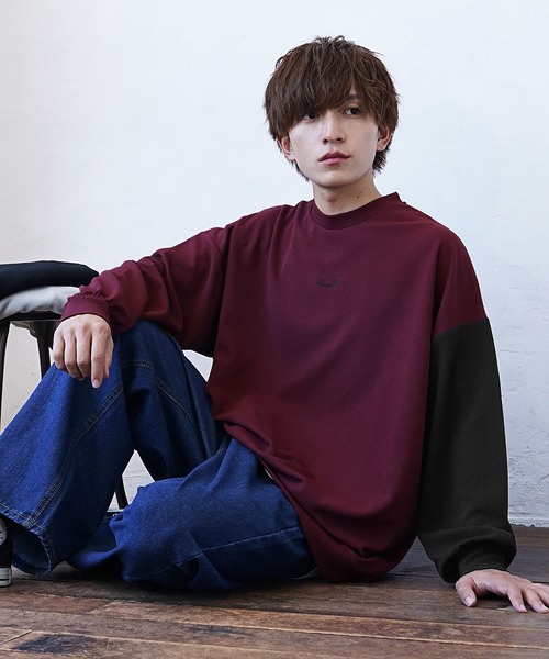 MinoriTY（マイノリティ）の「【MinoriTY】梨地ビッグシルエットバイカラーロゴトレーナー ロンT 長袖カットソー メンズ 秋服 スウェット（Tシャツ/カットソー・メンズ・ライトグレー/ワイン/ブラック・L/M/S）」の6枚目の写真