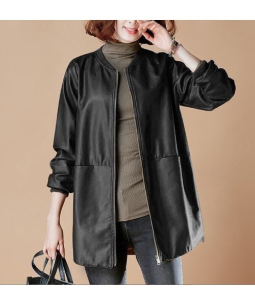 LAUTRE COTE(ロウトレコウト)の「PUレザーMA-1ロングジャケット(ノーカラージャケット・レディース・ブラウン/ブラック・LARGE/MEDIUM)」の4枚目の写真