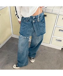 韓国ファッション 韓国ストリートY2Kフェイクスカートデザインワイドデニムパンツ