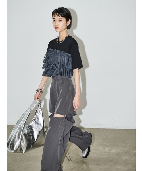 AIC. エーアイシー シースルー切替トップス/センタースリットスラックス AIC.（エーアイシー）の「ハイウエストロールアップワイドパンツ