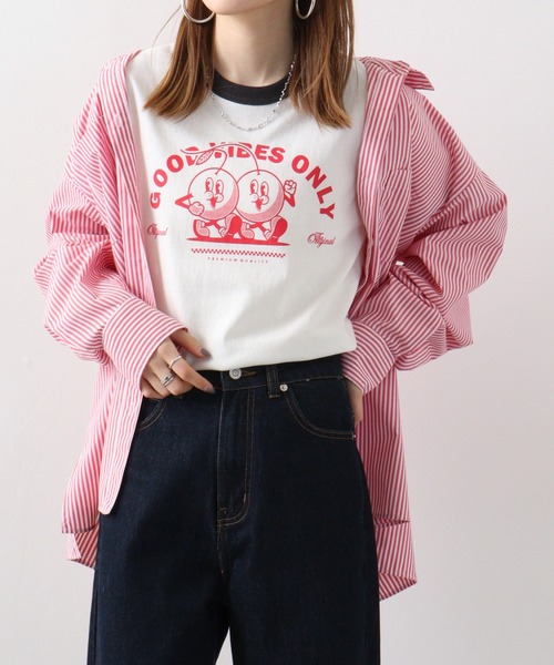 spiritoso(スピリトーゾ)の「spiritoso さくらんぼプリント リンガーTシャツ(Tシャツ/カットソー・レディース・グリーン/ネイビー/ブラック・F)」の2枚目の写真