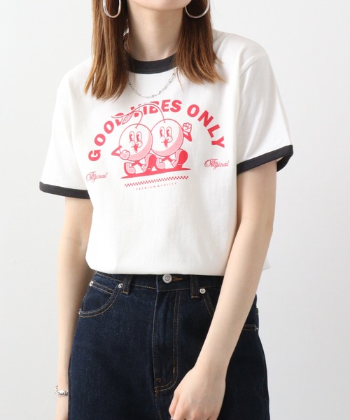 spiritoso(スピリトーゾ)の「spiritoso さくらんぼプリント リンガーTシャツ(Tシャツ/カットソー・レディース・グリーン/ネイビー/ブラック・F)」の17枚目の写真