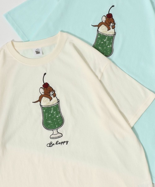 Tom&Jerry(トムアンドジェリー)の「Tom&Jerry/トム&ジェリー キャラクター サガラ刺繍 発泡 フロント バックプリント オーバーサイズ半袖Tシャツ(Tシャツ/カットソー・レディース・グリーン/アクア/オートミール/マスタード/グリーン系その他/ベージュ/スミクロ/ブラック/クリーム/ブルー/グレー/ダークグリーン・M/L)」の6枚目の写真