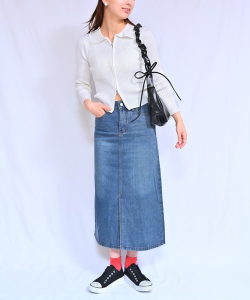 Alite cloth(アリーテクロス)の「フロントスリットデニムロングスカート(デニムスカート・レディース・ブルー/ライトブルー/ブラック/ダークグレー・S/L/M)」の5枚目の写真