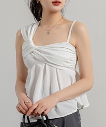 DAY CLOSET | 【オールシーズン即戦力/シボ加工風/肩紐アシメ/ウエスト切替】ふんわり ボリューム バックシャーリング キャミソール ビスチェ レディース(キャミソール)