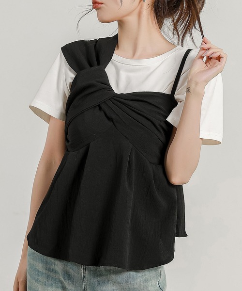 DAY CLOSET(デイ クローゼット)の「【オールシーズン即戦力/シボ加工風/肩紐アシメ/ウエスト切替】ふんわり ボリューム バックシャーリング キャミソール ビスチェ レディース(キャミソール・レディース・ホワイト/ピンク/ブラック/ベージュ・FREE)」の14枚目の写真