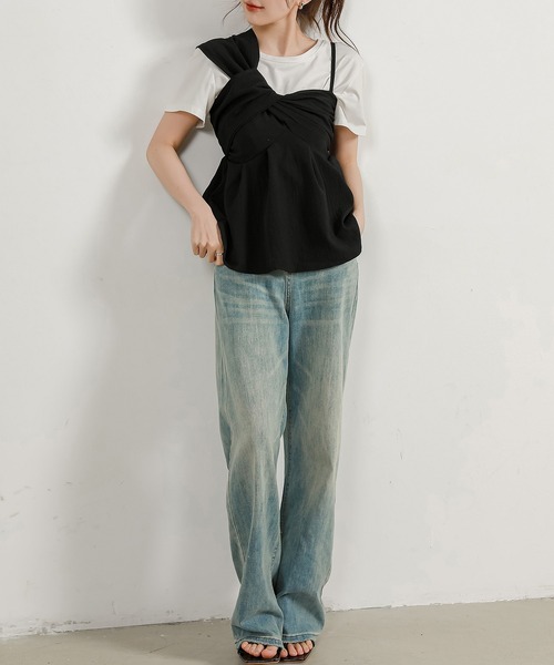 DAY CLOSET(デイ クローゼット)の「【オールシーズン即戦力/シボ加工風/肩紐アシメ/ウエスト切替】ふんわり ボリューム バックシャーリング キャミソール ビスチェ レディース(キャミソール・レディース・ホワイト/ピンク/ブラック/ベージュ・FREE)」の18枚目の写真