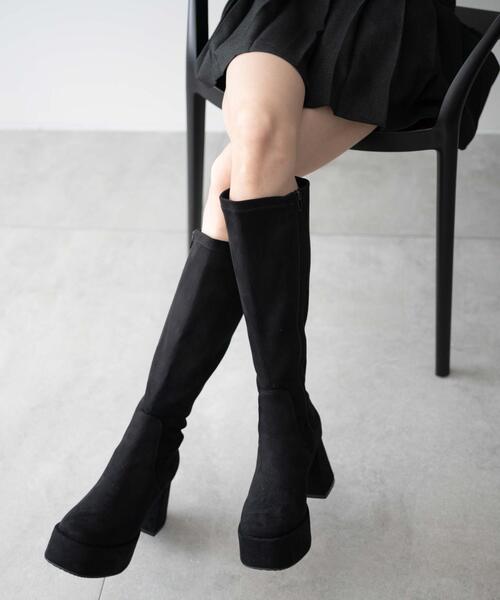 WEGO（ウィゴー）の「WEGO/ストーム付きワイドヒールロングブーツ（ブーツ・レディース・ブラック/ブラック系その他・X-LARGE/LARGE/MEDIUM/SMALL）」の2枚目の写真