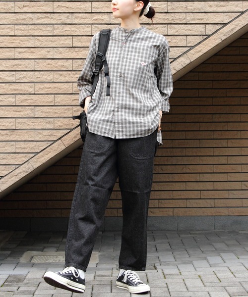 DANTON 半袖チェックシャツ 38サイズ DANTON ノーカラーシャツ 38 バンドカラー チェック ダントン