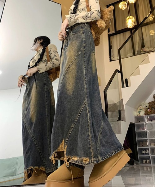 【THEAIRTOWN】レースダメージヴィンテージデニムスカート スカート デニム レース ダメージ マーメイド ロング 透け感