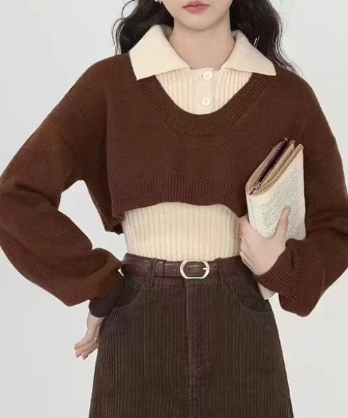 ENIM BY VICKY(エニムバイビッキー)の「ショートニットトップスxノースリリブポロセット(アンサンブル・レディース・グレー/ブラウン・M)」の1枚目の写真