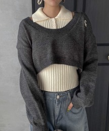 ショートニットトップスxノースリリブポロセット