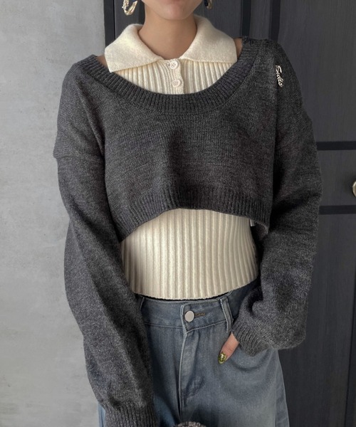 ENIM BY VICKY(エニムバイビッキー)の「ショートニットトップスxノースリリブポロセット(アンサンブル・レディース・グレー/ブラウン・M)」の2枚目の写真