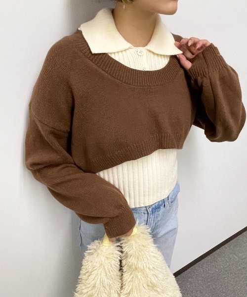 ENIM BY VICKY(エニムバイビッキー)の「ショートニットトップスxノースリリブポロセット(アンサンブル・レディース・グレー/ブラウン・M)」の16枚目の写真
