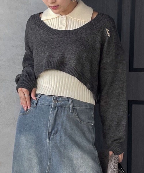 ENIM BY VICKY(エニムバイビッキー)の「ショートニットトップスxノースリリブポロセット(アンサンブル・レディース・グレー/ブラウン・M)」の9枚目の写真