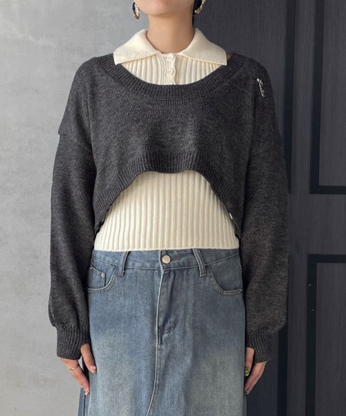 ENIM BY VICKY(エニムバイビッキー)の「ショートニットトップスxノースリリブポロセット(アンサンブル・レディース・グレー/ブラウン・M)」の13枚目の写真