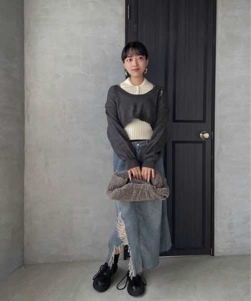 ENIM BY VICKY(エニムバイビッキー)の「ショートニットトップスxノースリリブポロセット(アンサンブル・レディース・グレー/ブラウン・M)」の5枚目の写真