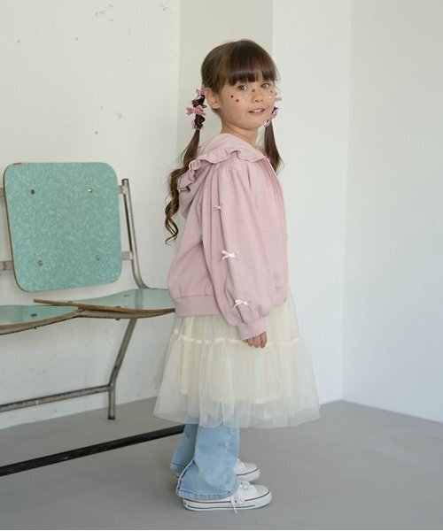 Lycee mine（リセマイン）の「【毛玉バイバイ裏毛】リボン付きフリルジップパーカ（パーカー・キッズ・トップグレー/ライトピンク/モカ/オートミール/ダークブルー/ラベンダー・100cm/110cm/120cm/130cm/140cm/150cm）」の18枚目の写真