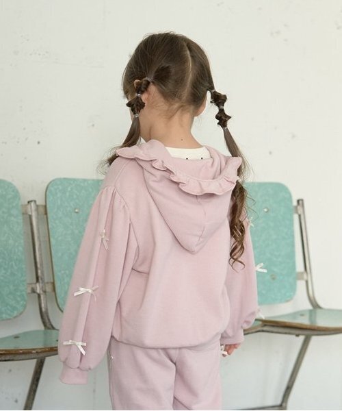 Lycee mine（リセマイン）の「【毛玉バイバイ裏毛】リボン付きフリルジップパーカ（パーカー・キッズ・トップグレー/ライトピンク/モカ/オートミール/ダークブルー/ラベンダー・100cm/110cm/120cm/130cm/140cm/150cm）」の16枚目の写真