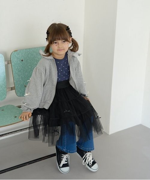 Lycee mine（リセマイン）の「【毛玉バイバイ裏毛】リボン付きフリルジップパーカ（パーカー・キッズ・トップグレー/ライトピンク/モカ/オートミール/ダークブルー/ラベンダー・100cm/110cm/120cm/130cm/140cm/150cm）」の9枚目の写真