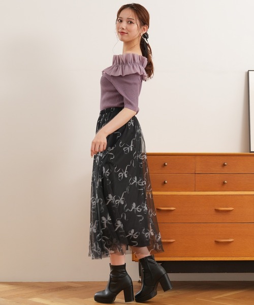 ASTORIA ODIER（アストリアオディール）の「リボン柄チュールスカート（スカート・レディース・ブラック/ライトグレー・MEDIUM）」の7枚目の写真