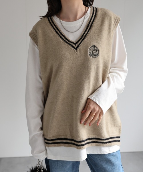 CREARE -LINO-（クレアーレリノ）の「＜ユニセックス＞刺繍入り Vネックスクールベスト/ニット（ベスト・レディース・グレー/ネイビー/ベージュ/ブラック・FREE）」の9枚目の写真