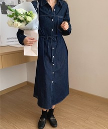 ウエストリボン付き デニムロングシャツワンピース