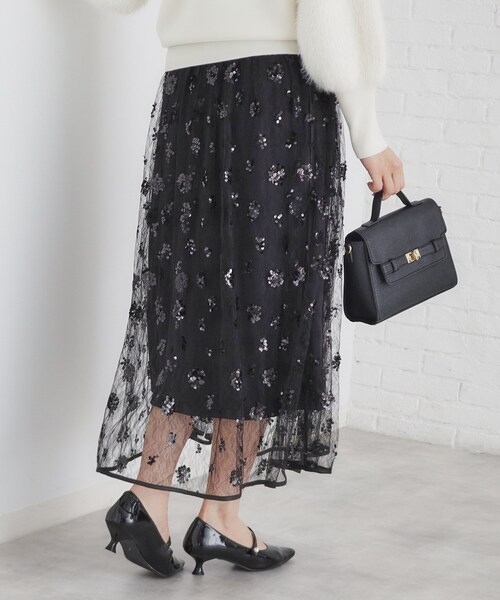 index(インデックス)の「◆《美人百花掲載》スパンコールシアー刺繍スカート【洗濯機洗い可】(スカート・レディース・ブラック/オフホワイト・00)」の13枚目の写真