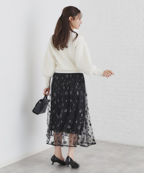 index(インデックス)の「◆《美人百花掲載》スパンコールシアー刺繍スカート【洗濯機洗い可】(スカート・レディース・ブラック/オフホワイト・00)」の15枚目の写真
