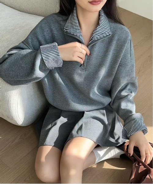 【セール】チェック袖レイヤードハーフジップ裏起毛トレーナー（Tシャツ/カットソー）｜FINEnough（ファインナフ）