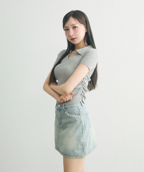 【ヨウ】[L.B CANDY STOCK]ビジューデニムミニスカート セール】ビジュー付きデニムミニスカート（デニムスカート