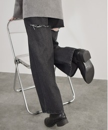 Reurie' | バックカットアウトワイドデニム/back cut out wide denim ロング丈 ジーンズ スリット 切り込み シンプル カジュアル モード ベーシック 韓国(デニムパンツ)