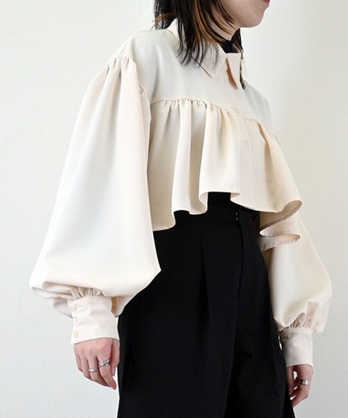 STYLEBLOCK（スタイルブロック）の「ツイルクロップドギャザーブラウス（シャツ/ブラウス・レディース・ブラック/グレイッシュベージュ/ブルー/ホワイト系その他・M）」の7枚目の写真