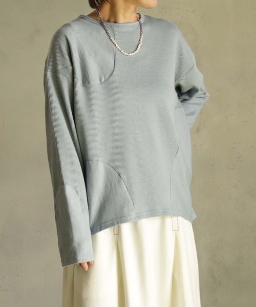 BITTOKO（ビットコ）の「定番ワッフル切替ロンT（Tシャツ/カットソー・レディース・サックスブルー/オレンジ/パープル/ネイビー/ホワイト・FREE）」の4枚目の写真