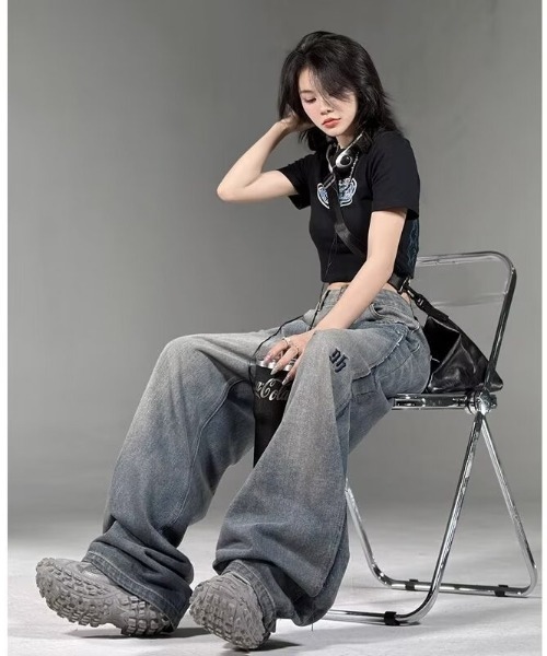 韓国 ワイドデニム パンツ デニム ジーンズ カットオフ 全4color カットオフ ワイド デニムパンツ 韓国ファッション 韓国
