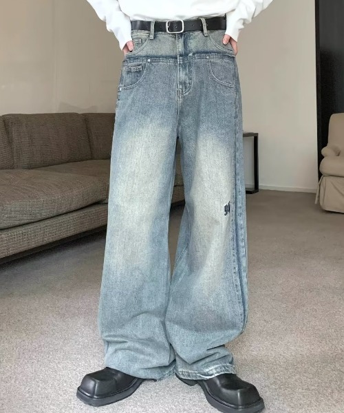 レイヤードデニムパンツ ワイドレッグ カットオフ 韓国系 s5666 カットオフ ワイド デニムパンツ 韓国ファッション 韓国