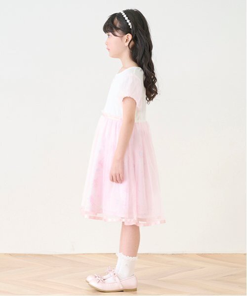 【美品】今季 メゾピアノ　フローラルバレエ柄ドッキングワンピース　90センチ mezzo piano ワンピース フローラルバレエ柄 ドッキング
