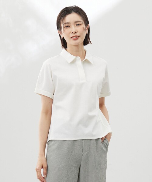 J.PRESS（ジェイプレス）の「【洗える】コットンリネンジャージー ポロ カットソー（Tシャツ/カットソー・レディース・ホワイト系/ネイビー系/ベージュ系・MEDIUM/LARGE）」の2枚目の写真