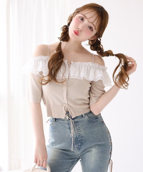 one after another NICE CLAUP(ワンアフターアナザーナイスクラップ)の「パールオフショルニット(ニット/セーター・レディース・ベージュ/ネイビー/オフホワイト/グレー・FREE)」の3枚目の写真