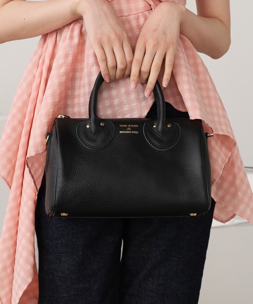 値下げ　young&olsen ボストンバッグ　sサイズ　黒 エンボスドレザー ワイド ボストンバッグ（オレンジ/ブラウン
