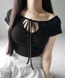 ※※【 3color 】カットアウトストラップリボンショートチビTシャツ / cutout strap ribbon short chibi T-shirt