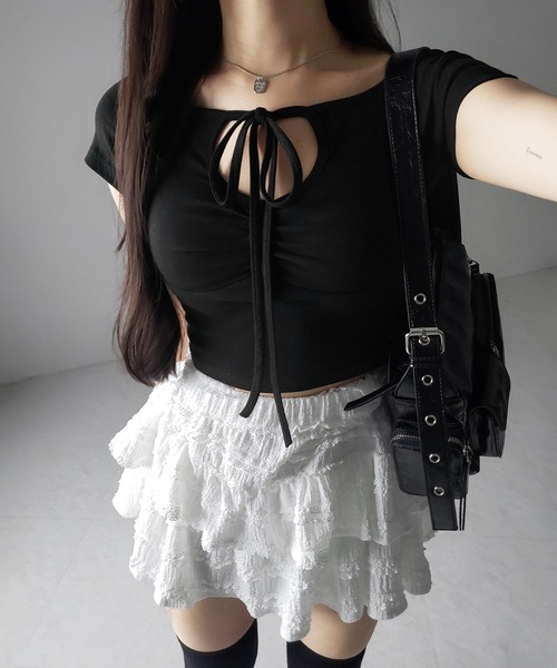 me+em select(ミームセレクト)の「※※【 3color 】カットアウトストラップリボンショートチビTシャツ / cutout strap ribbon short chibi T-shirt(Tシャツ/カットソー・レディース・ホワイト/チャコール/ブラック・FREE)」の9枚目の写真