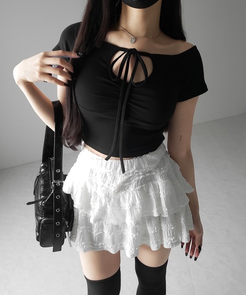 me+em select(ミームセレクト)の「※※【 3color 】カットアウトストラップリボンショートチビTシャツ / cutout strap ribbon short chibi T-shirt(Tシャツ/カットソー・レディース・ホワイト/チャコール/ブラック・FREE)」の12枚目の写真