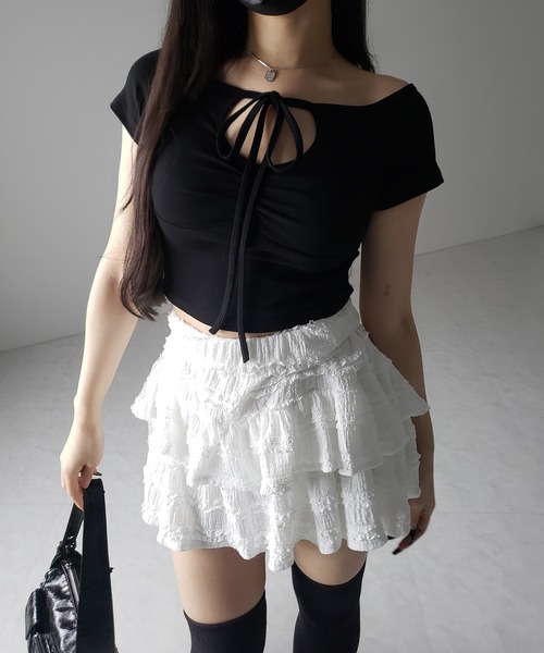 me+em select(ミームセレクト)の「※※【 3color 】カットアウトストラップリボンショートチビTシャツ / cutout strap ribbon short chibi T-shirt(Tシャツ/カットソー・レディース・ホワイト/チャコール/ブラック・FREE)」の13枚目の写真