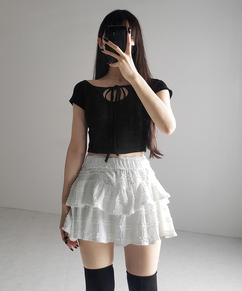 me+em select(ミームセレクト)の「※※【 3color 】カットアウトストラップリボンショートチビTシャツ / cutout strap ribbon short chibi T-shirt(Tシャツ/カットソー・レディース・ホワイト/チャコール/ブラック・FREE)」の14枚目の写真