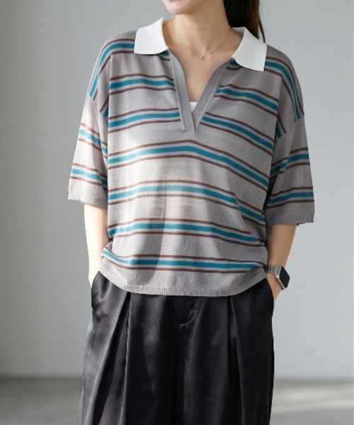 Per sist ence(パーシエンス)の「ラガーキーネックシアーニットプルオーバー(ポロシャツ・レディース・ブラウン/グレー・ONE SIZE)」の2枚目の写真