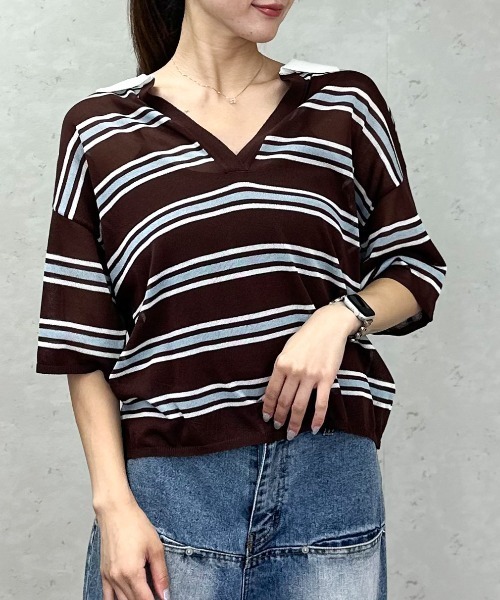 Per sist ence(パーシエンス)の「ラガーキーネックシアーニットプルオーバー(ポロシャツ・レディース・ブラウン/グレー・ONE SIZE)」の6枚目の写真