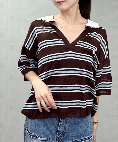 Per sist ence(パーシエンス)の「ラガーキーネックシアーニットプルオーバー(ポロシャツ・レディース・ブラウン/グレー・ONE SIZE)」の17枚目の写真